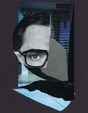 A surreal collage featuring a partially visible human face through cut-out segments, coupled with geometric shapes and a modern architectural background.