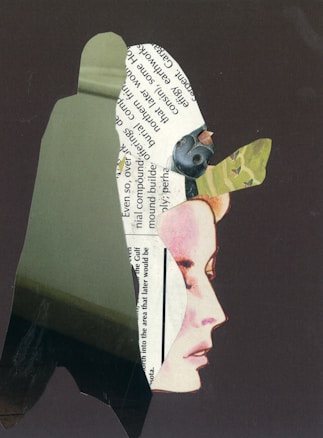 A collage featuring a profile of a woman's face constructed from cut-out pieces of paper, including text and images. The woman's silhouette is primarily composed of newspaper clippings and a portion of the paper is shaped into a green and abstract form resembling part of a headpiece or hat.