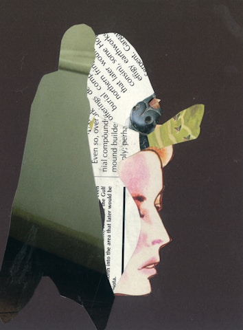 A collage featuring a profile of a woman's face constructed from cut-out pieces of paper, including text and images. The woman's silhouette is primarily composed of newspaper clippings and a portion of the paper is shaped into a green and abstract form resembling part of a headpiece or hat.