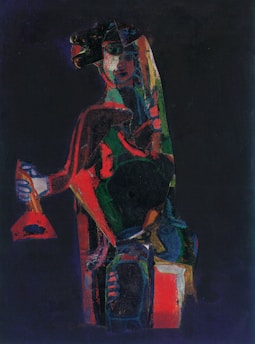 A stylized, abstract representation of a figure holding a red cone-shaped object, composed of fragmented geometric shapes in vivid colors with a predominantly dark background. The figure features a multi-colored face, suggesting a possible hat or head covering, with layered hues of red, green, blue, and black adding depth and complexity.