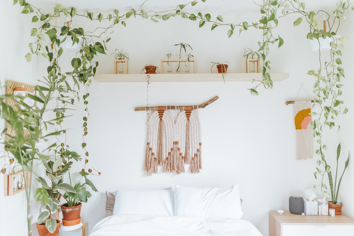 boho small apartment bedroom with floating wall shelf and macrame hanging above bed, no headboard