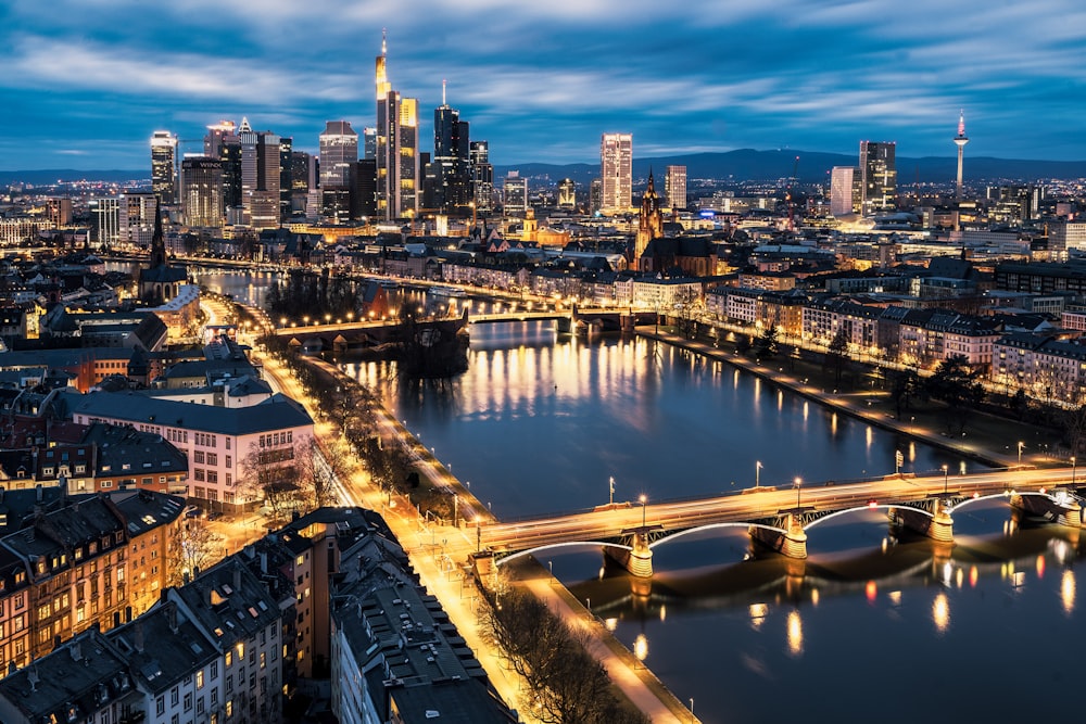 aerial view of city buildings during night time