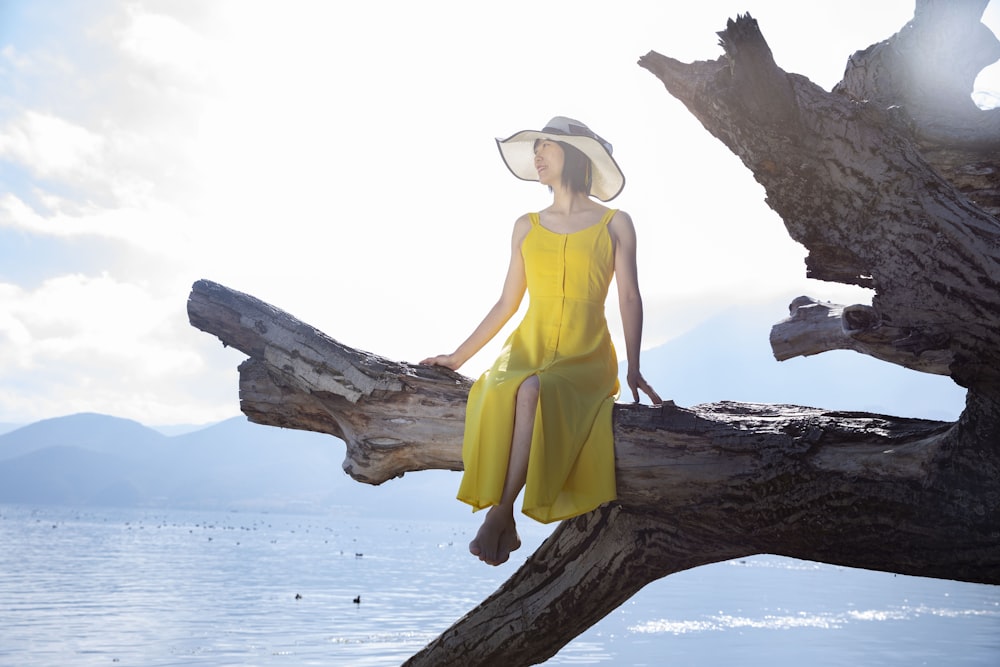 woman in yellow tank top and brown sun hat sitting on brown tree trunk during daytime