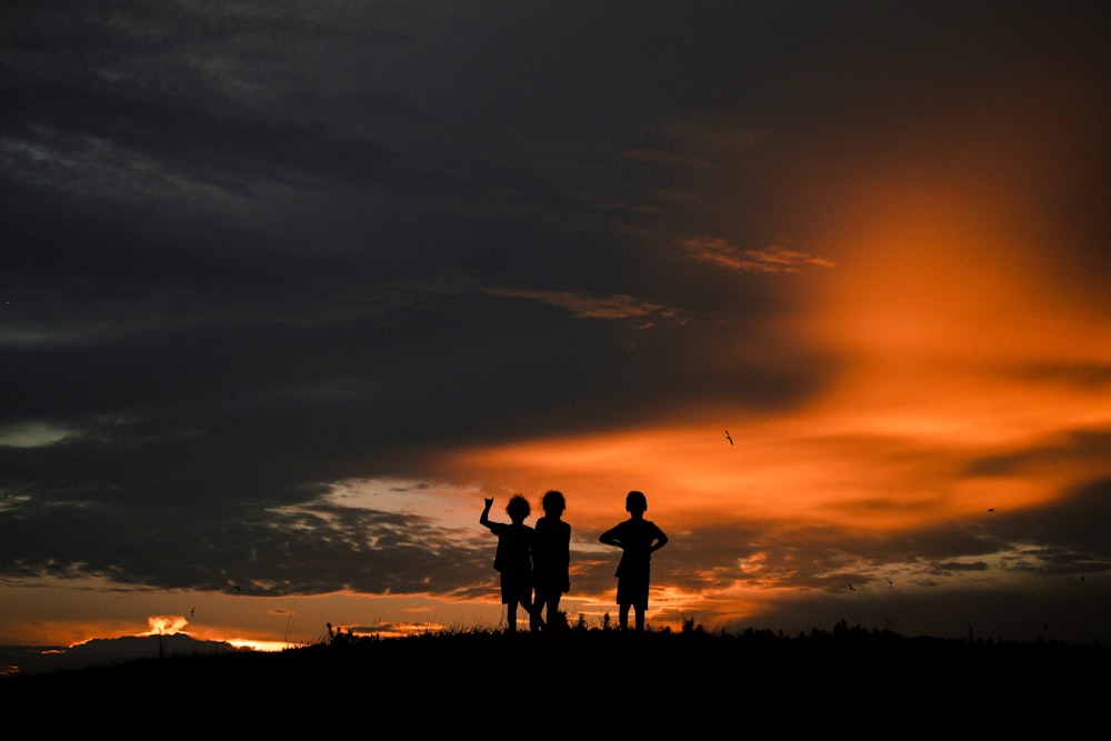 silhouette of people standing on grass field during sunset