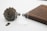 A pair of skull-themed earrings displayed on a transparent stand is set against a backdrop of a large pinecone and a dark wooden surface. The scene appears minimalist with a clean, white background, emphasizing the earthy tones of the wood and the textured pinecone.