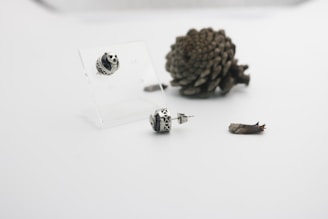 A pair of black and silver jewelry earrings is displayed against a plain white background. The earrings are adorned with skull patterns and are shown on a transparent stand. Nearby, there is a brown pine cone and a small piece of wood.