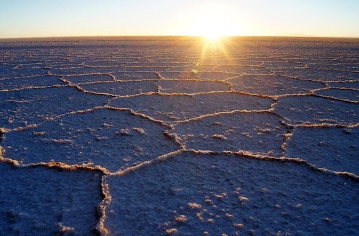 The image captures a vast, textured salt flat under a rising or setting sun. The surface is divided into irregular, geometric patterns, creating a unique and intricate design. The sunlight casts long shadows and highlights the cracked, crusty texture of the salt.