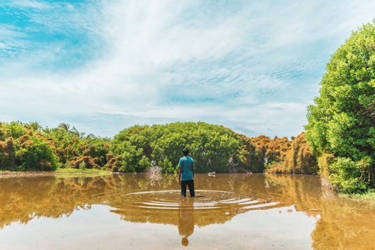 man in blue shirt and black pants standing on water during daytime in Kulhudhuffushi Maldives