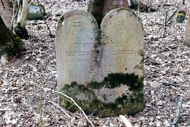 An old, weathered gravestone covered in moss.