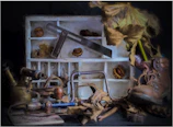 Rustic scene showing resin extraction tools and natural resin chunks on a linen cloth