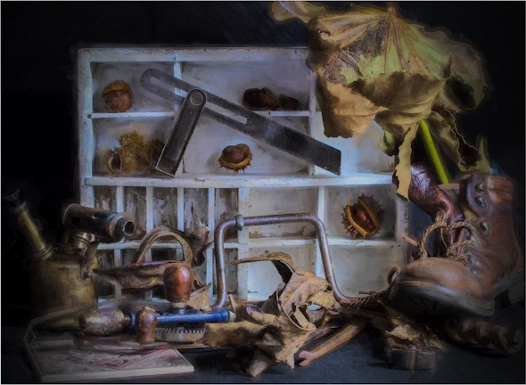 Rustic scene showing resin extraction tools and natural resin chunks on a linen cloth