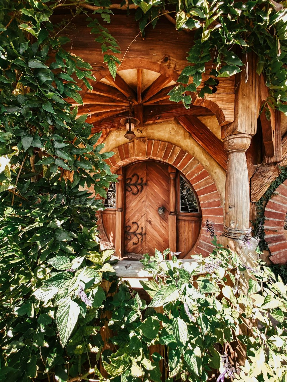 porta de madeira marrom em folhas marrons e verdes