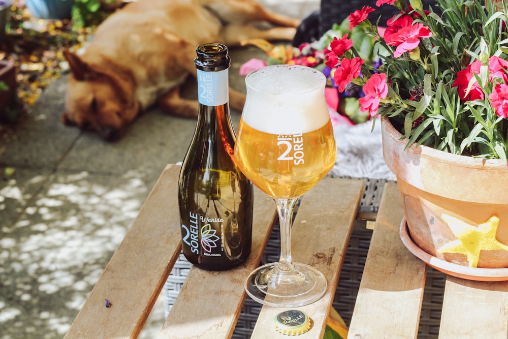 clear wine glass beside wine bottle on brown wooden table