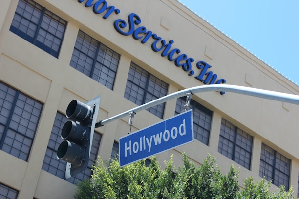 A road sign reading 'Hollywood' hangs from a metal traffic light pole against the backdrop of a building with numerous square-pane windows. The building features the words 'Senior Services Inc.' prominently in blue lettering. A portion of green foliage is visible at the bottom, suggesting some trees or shrubs nearby. The sky is clear and blue, indicating a sunny day.