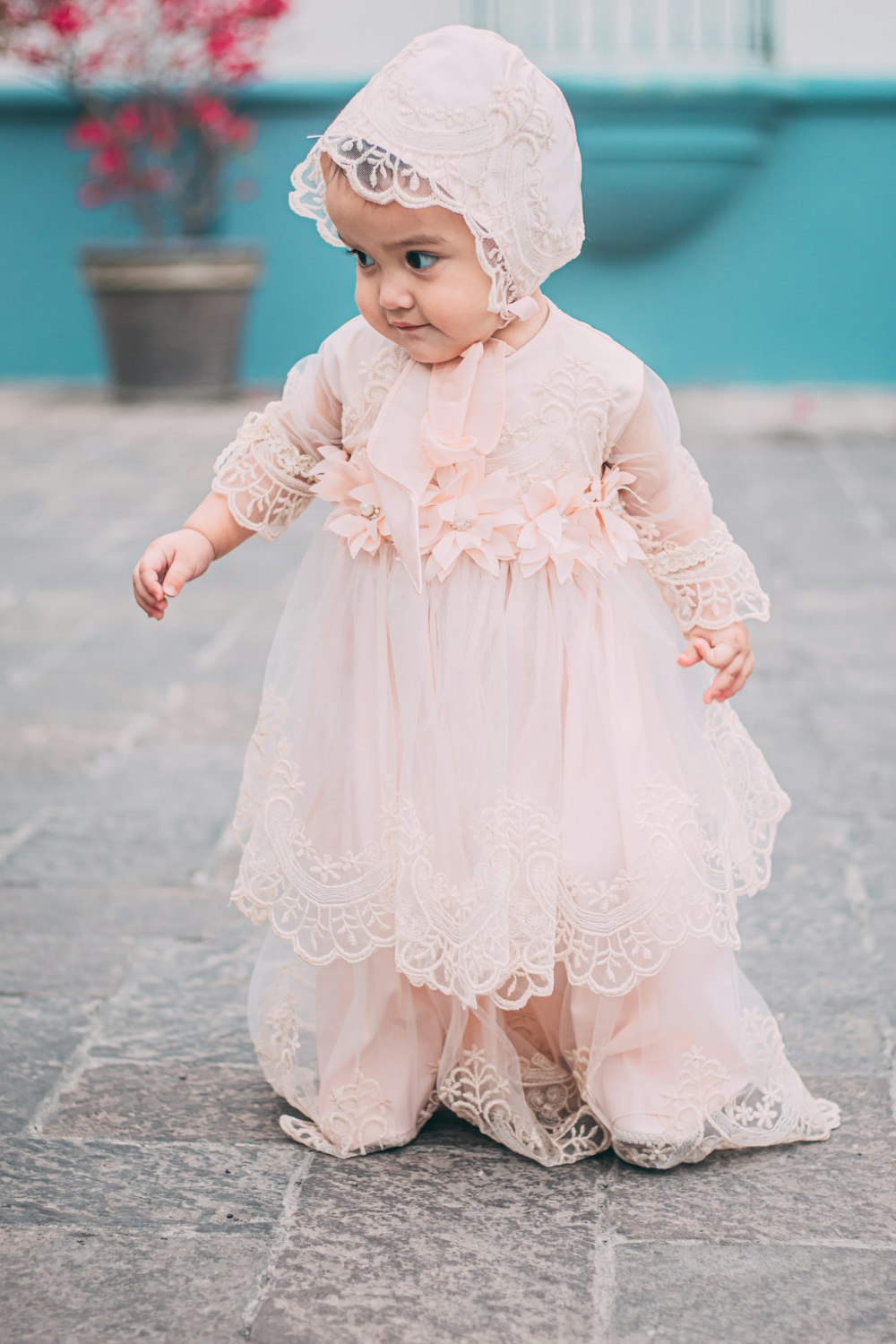 girl in white floral dress