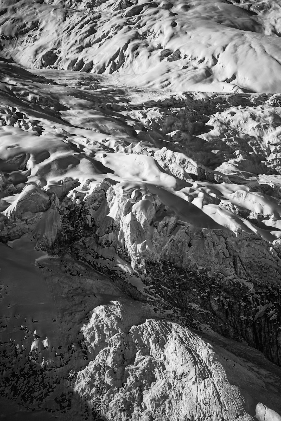 grayscale photo of ice on water