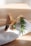 Two bamboo toothbrushes lie on a textured white cloth beside a sprig of green rosemary on a light wooden surface. Gentle sunlight streams across the scene, casting soft shadows.