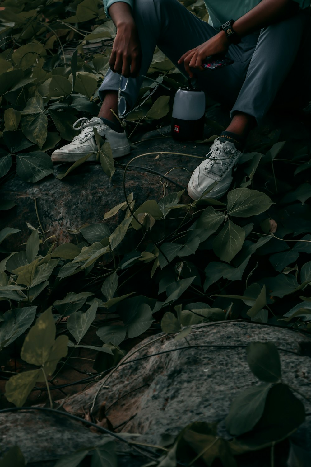 person in black and white sneakers standing on green leaves