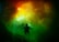 Two scuba divers are underwater surrounded by a vibrant display of colorful light, including shades of green, yellow, and red, which create an almost surreal and otherworldly atmosphere.