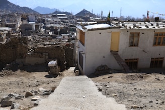 A hilly landscape showcasing a densely packed settlement with flat-roofed buildings, some of which appear to be damaged or under construction. A dirt path leads through the scene, and a dog is visible near the center of the image. The background reveals rugged mountainous terrain under a clear blue sky.