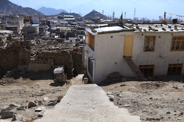A hilly landscape showcasing a densely packed settlement with flat-roofed buildings, some of which appear to be damaged or under construction. A dirt path leads through the scene, and a dog is visible near the center of the image. The background reveals rugged mountainous terrain under a clear blue sky.