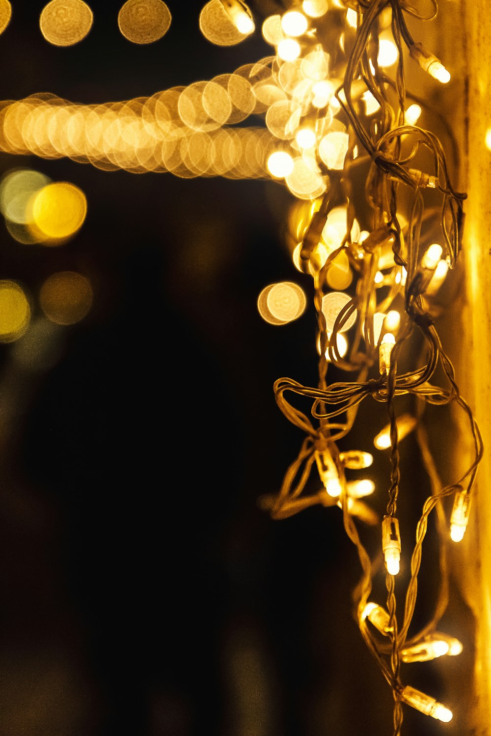 yellow string lights in bokeh photography