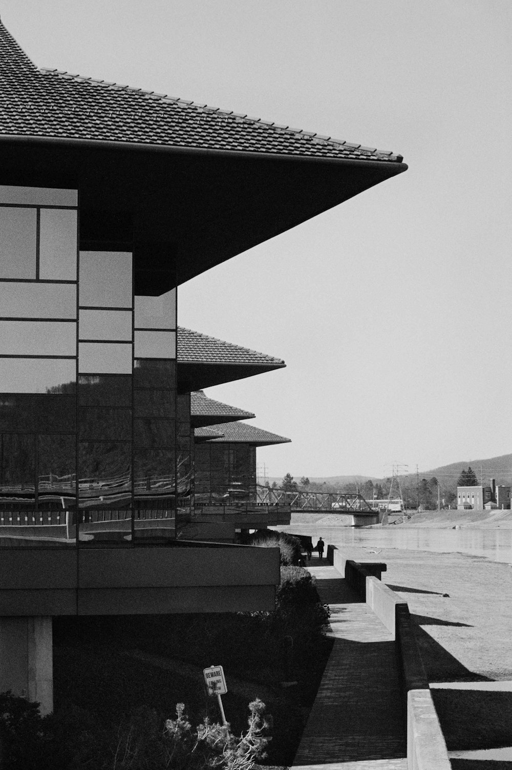 Foto in scala di grigi di un edificio vicino a uno specchio d'acqua