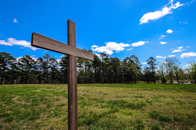 An old wooden cross standing tall among golden wheat under a blue sky.
