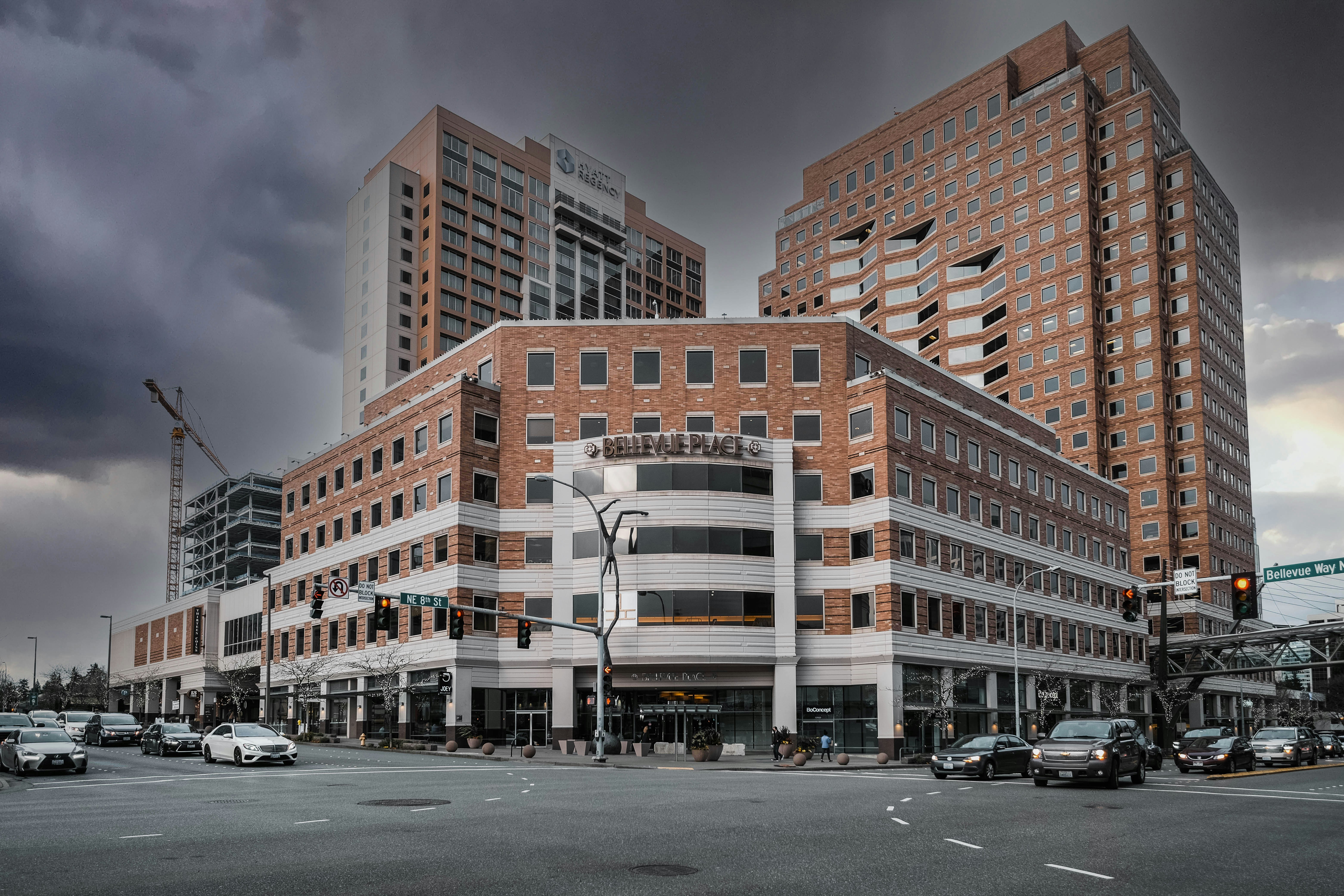 Brown and white buildings on a city corner