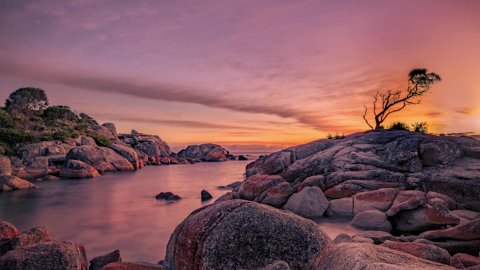 Silhouette of a person standing alone on coastal rocks beside the sea at sunset in Tasmania