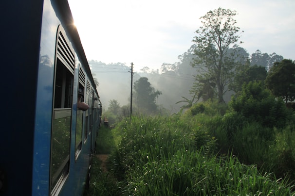 A serene train winding through lush green hills, captured with a glassmorphism card effect and subtle motion blur.