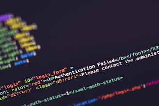 A close-up view of computer code on a screen with a focus on an error message in HTML format. The error message 'Authentication Failed' is highlighted in a bold red font, emphasizing its importance. The screen displays a mix of HTML code syntax, including elements, attributes, and comments.