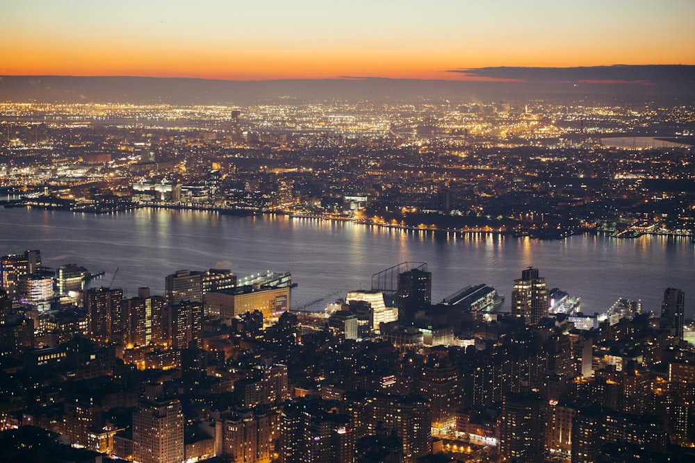 aerial view of city buildings during night time