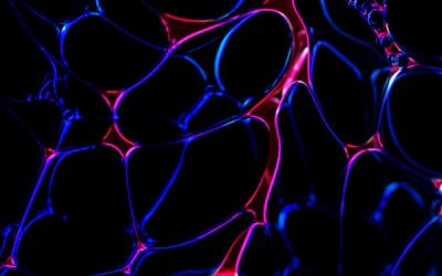 Abstract geometric shapes glowing in electric blue and soft violet, forming a network pattern that represents community connection.