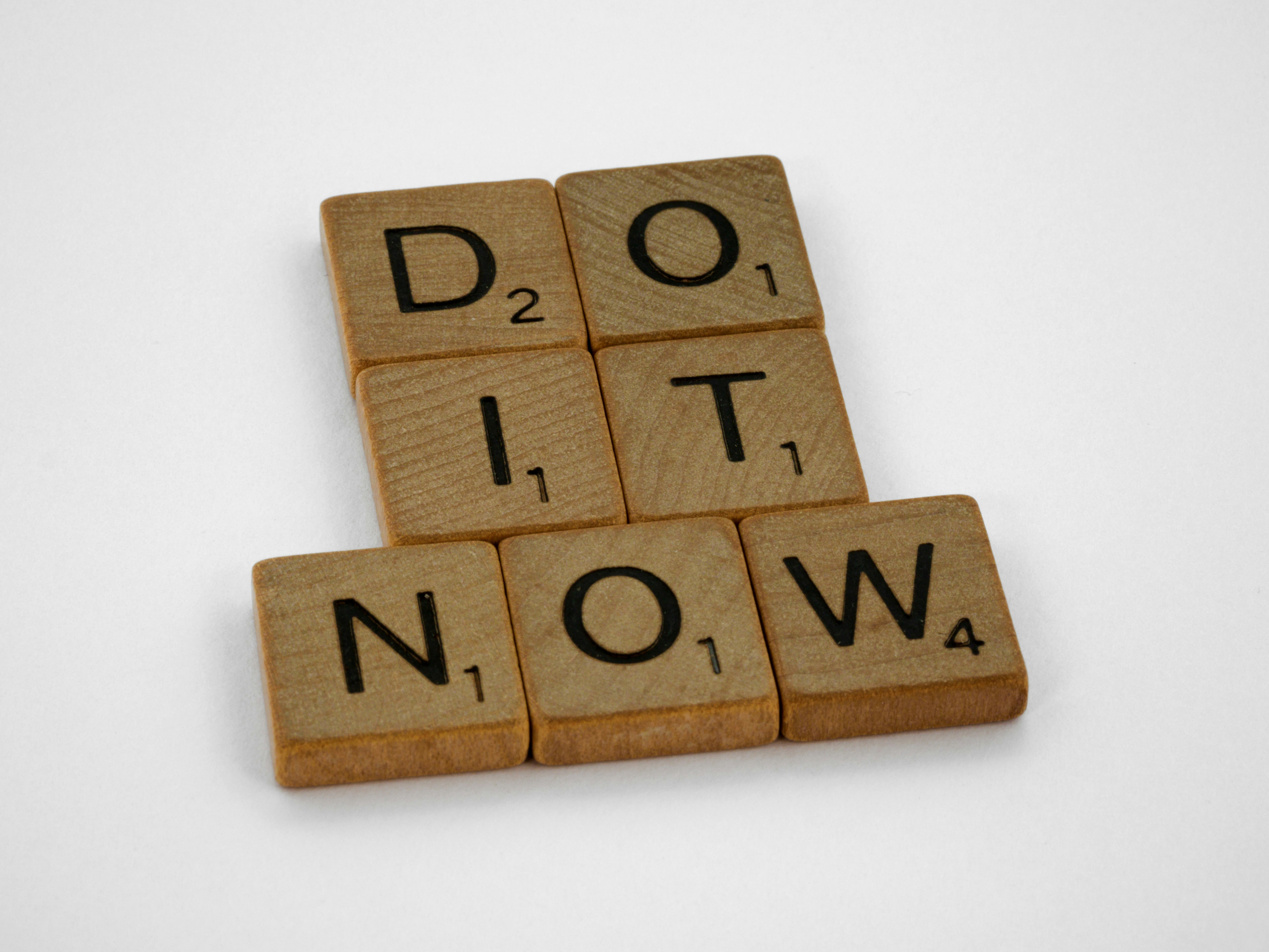 scrabble, scrabble pieces, lettering, letters, wood, scrabble tiles, white background, words, quote, letters, type, typography, design, layout, focus, bokeh, blur, photography, images, image, do it now, yolo, carpe diem, seize the moment, don't delay, don't think twice, live in the moment, mindfulness, get things done, live life, procrastination, putting things off, laziness, hesitate, hesitancy, 