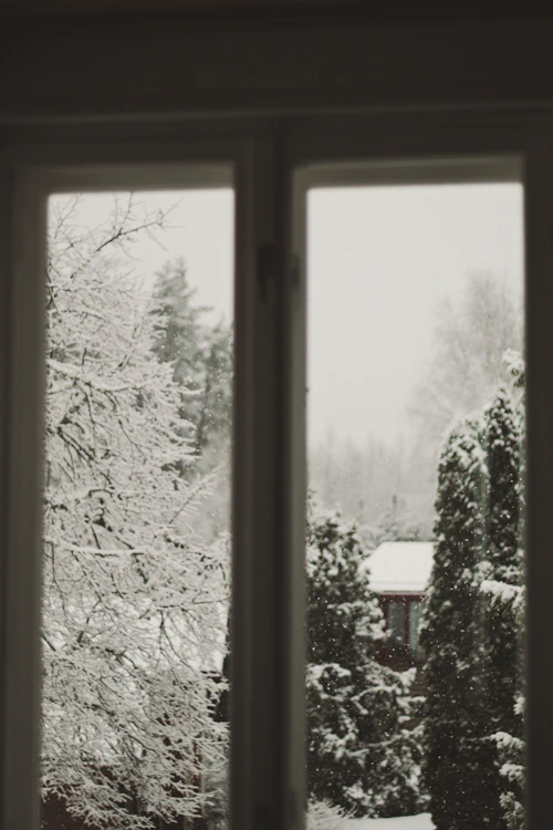 White wooden window looking out on a snowy winter landscape
