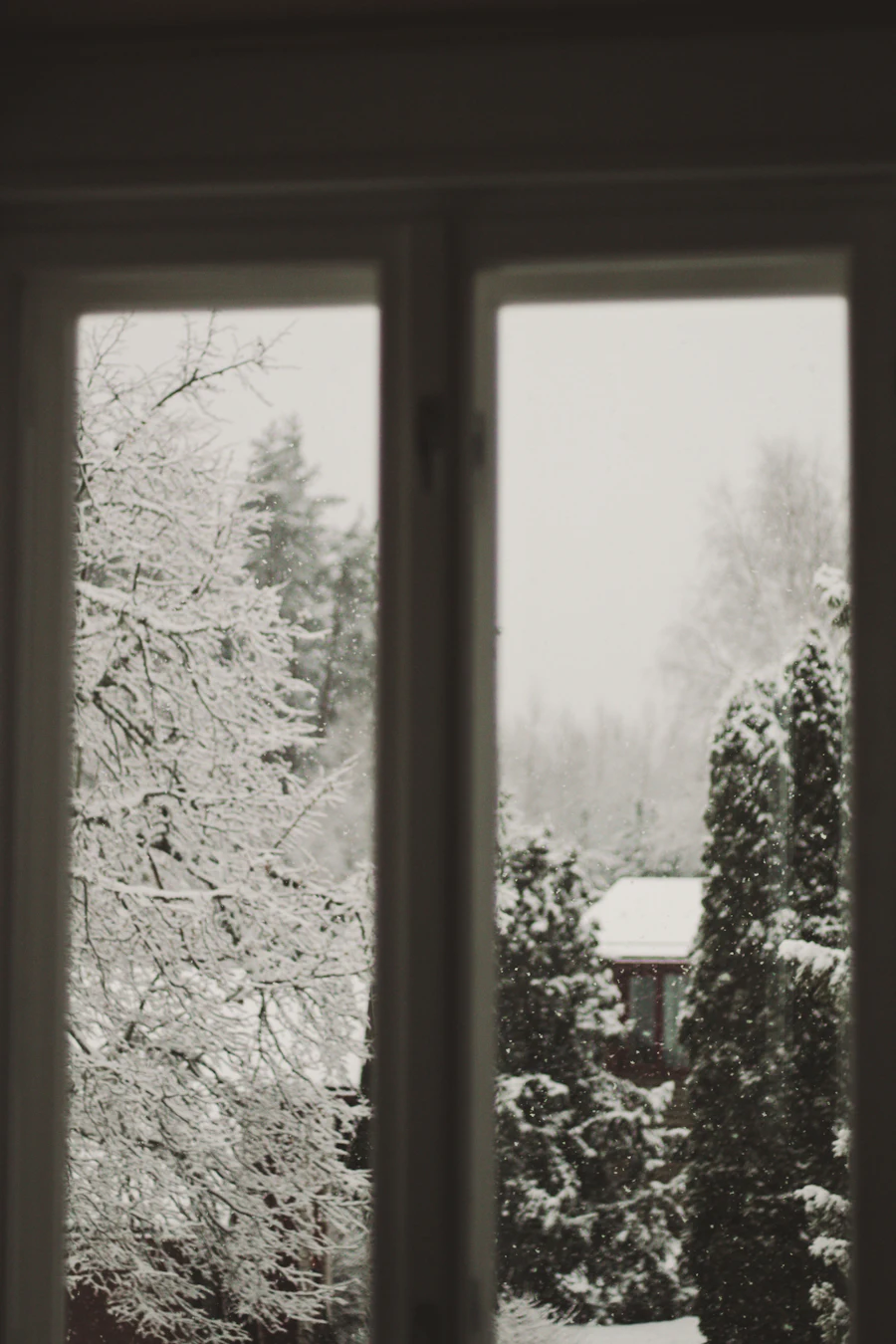 White wooden window looking out on a snowy winter landscape