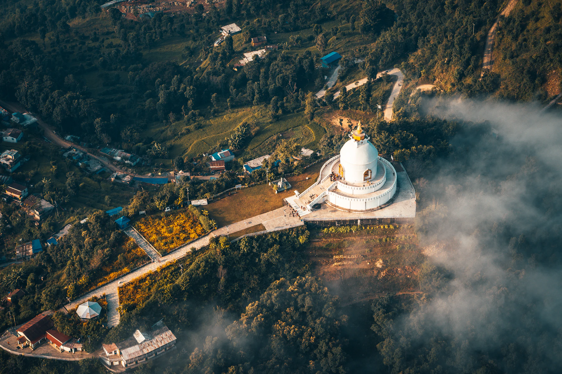 Aerial view over Pokhara city with the Annapurna range behind