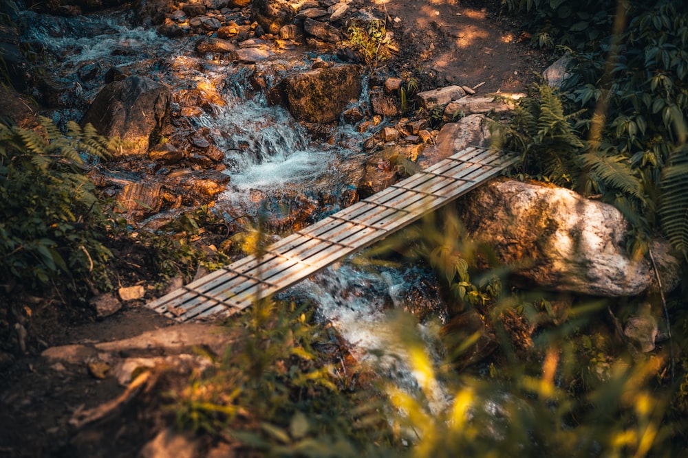 Puente de madera marrón sobre el río