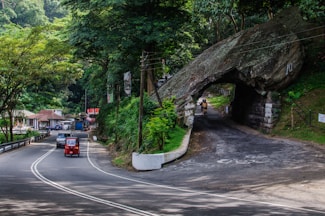 A scenic roadway winding through a lush, green forest area. One lane of the road leads to a tunnel formed by a large rock formation, through which a motorcyclist is passing. Another lane continues along the side, with a red auto-rickshaw in motion. The area is surrounded by dense foliage and trees. There are small buildings visible in the distance along the side of the road.
