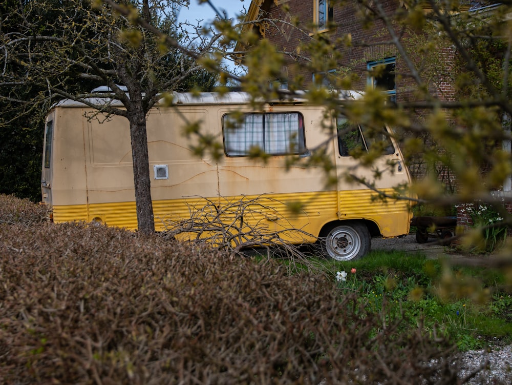 yellow van parked beside bare tree during daytime