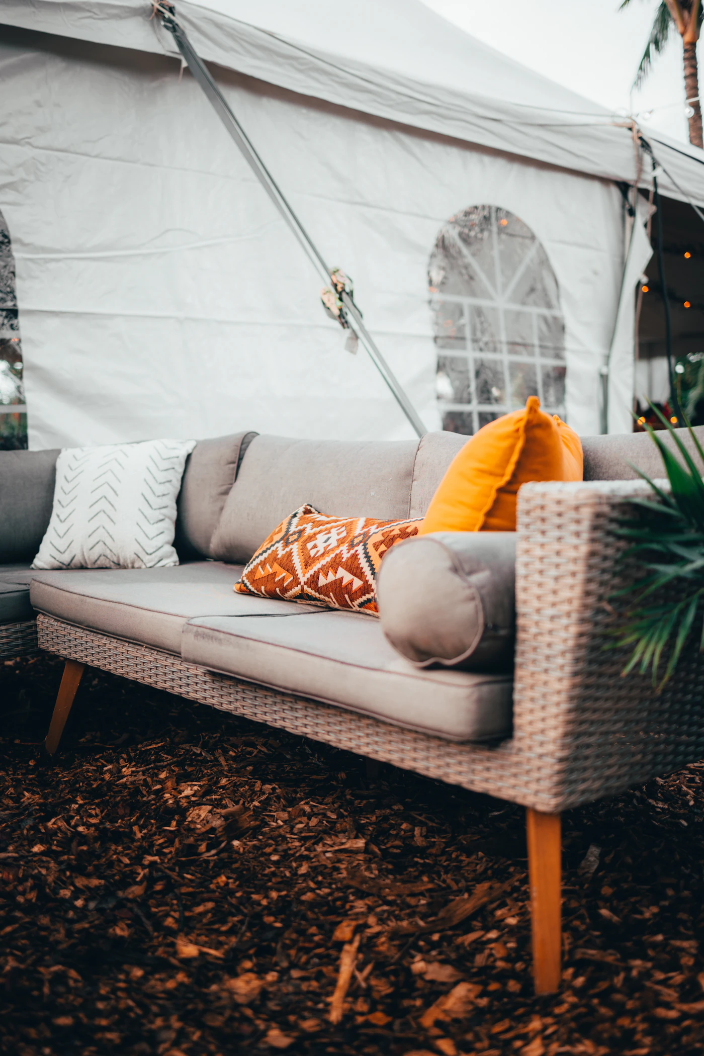 White couch + brown pillows