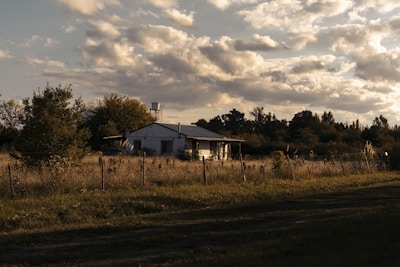 A rural house is situated in an open field, surrounded by a wire fence and various trees. The sky is partly cloudy, with sunlight casting warm tones over the landscape. The house appears small and simple, blending into the natural scenery.