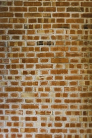 A textured brick wall with a pattern of rectangular red and orange bricks, held together by light gray mortar.