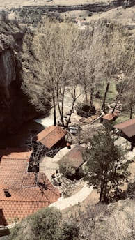 An aerial view of a rustic area with several red-tiled roof buildings surrounded by leafless trees and greenery. A rugged cliff is visible on the left, and a dirt path winds through the landscape. The background features rolling hills and sparse vegetation under a clear sky.