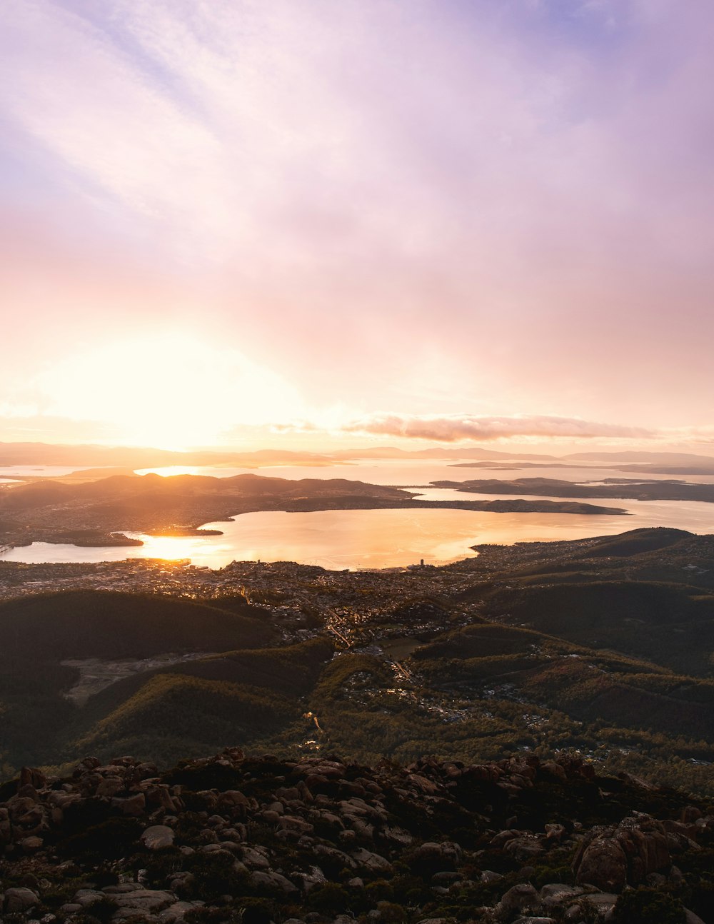 aerial view of mountains during sunset