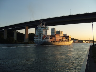 A large cargo ship carrying numerous containers sails under a tall bridge spanning a calm waterway. The lighting suggests late afternoon or early evening, with the sky showing tones of orange and blue. On the horizon, there are industrial buildings and trees along the riverbank.