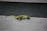 A small, colorful gecko with a vibrant green and subtle red pattern stands on a textured gray wooden surface. The lizard has a long tail and its eyes are prominently visible, suggesting attentiveness as it basks quietly.
