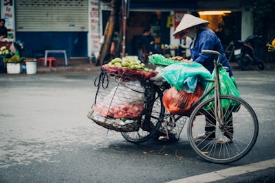 A street vendor wearing a traditional conical hat stands beside a bicycle loaded with baskets of produce, including green mangoes and vegetables. The setting appears to be a street market with a slightly overcast sky, giving the scene a serene, everyday life ambiance.