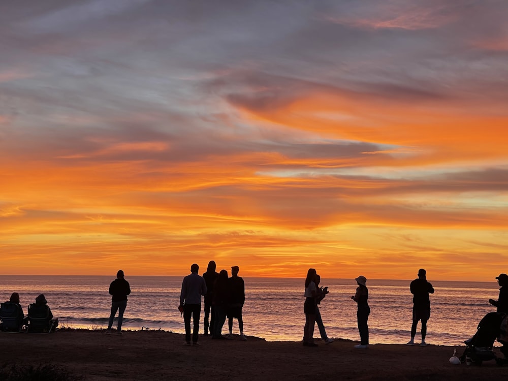 silhouette of people standing on beach during sunset